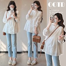 实拍~孕妇装2026早春新款纯棉刺绣娃娃衫百搭上衣开扣哺乳有里衬