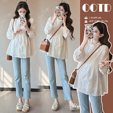 实拍~孕妇装2026早春新款纯棉刺绣娃娃衫百搭上衣开扣哺乳有里衬