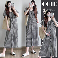 批发实拍~2026孕妇装夏季新品宽松气质格子短袖孕妇连衣裙开扣可哺乳