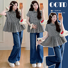 批发实拍~孕妇装<b class='q'>夏</b>装2026新款复古全棉格子短袖衬衫宽松孕妇上衣