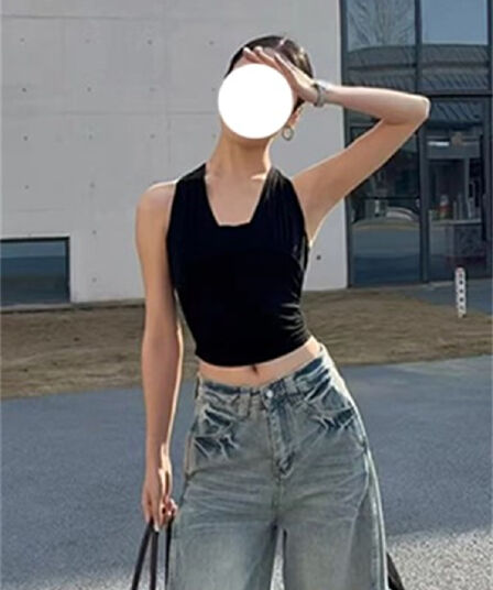 1 1 모달 검정색 행침 목 백리스 캐미솔 여름 외출용 순수한 욕망 바람 핫걸 몸매 가꾸기 쇼트 스타일 맨위