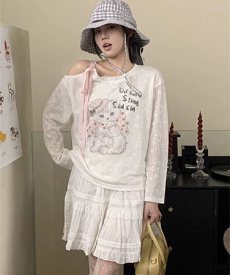 원본 원단 봄 가을 새로운 새끼 고양이 프린트 긴팔 티셔츠 여성 달콤함 디자인 센스 루즈핏 느긋한 오프숄더 맨위