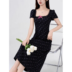 批发大码女装法式黑色收腰碎花短袖连衣裙夏季A字长裙子<b class='q'>胖</b><b class='q'>mm</b>遮肚显瘦