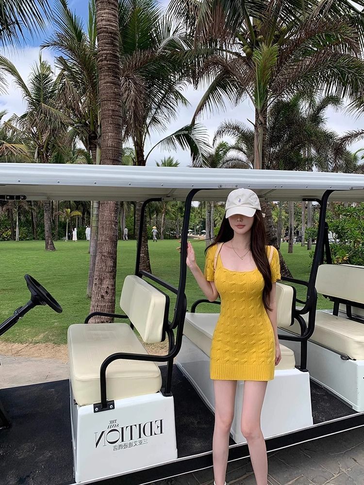 Pure Girl Short Sleeve Knitted Dress Women Summer Fashion Chic Super Cute Square Neck Slimming Bodycon Skirt 