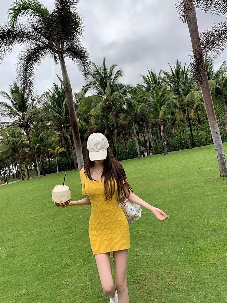 Pure Girl Short Sleeve Knitted Dress Women Summer Fashion Chic Super Cute Square Neck Slimming Bodycon Skirt 