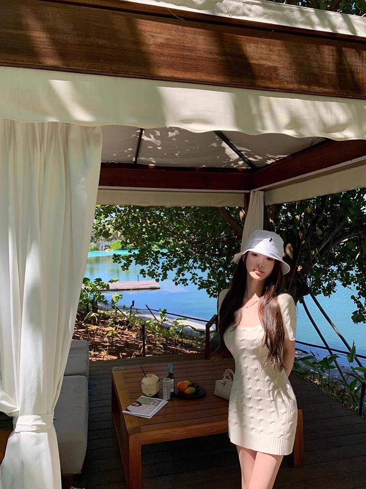 Pure Girl Short Sleeve Knitted Dress Women Summer Fashion Chic Super Cute Square Neck Slimming Bodycon Skirt 