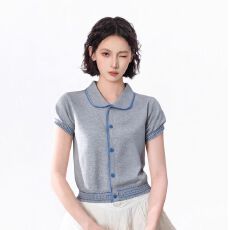 批发灰色娃娃领正肩针织短袖t恤女夏季修身短款设计感半袖polo衫上衣
