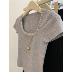 批发法式重工钉珠u领<b class='q'>针织衫</b>女2026夏款纯欲露锁骨t恤别致超好看小上衣