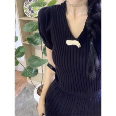 批发纯欲风针织短袖<b class='q'>连衣裙</b>女装夏季新款甜美<b class='q'>蝴蝶结</b>收腰显瘦A字短裙子