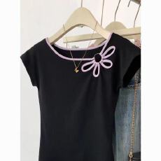 批发40支奥代尔220克纯棉黑色拼接小众花朵镂空短袖