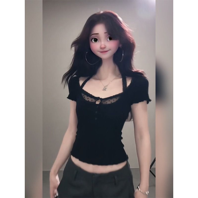 브로케이드 면 자카드 검정색 긍정적 인 어깨 반팔 티셔츠 여성 여름 디자인 센스 레이스 조각 쇼트 스타일 핫걸 맨위