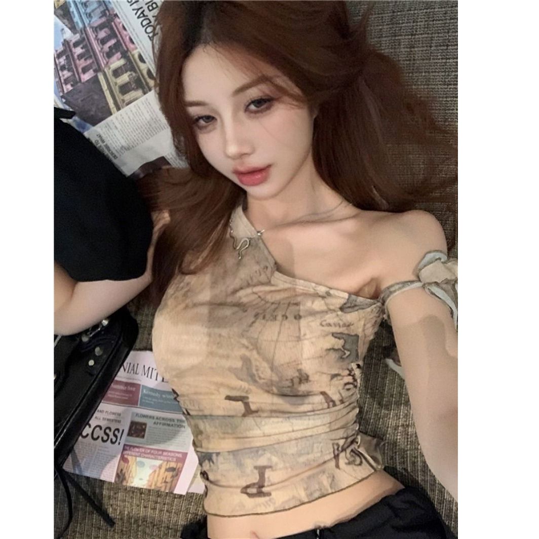 40d 망사 아메리칸 핫걸 낙서 프린트 비스듬한 어깨 티셔츠 여성 여름 세트 민소매 조끼 오프숄더