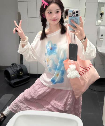 원본 원단 화이트 긴팔 자외선 차단 블라우스 티셔츠 여성 여름 느긋한 바람 꽃 프린트 루즈핏 슬림해 보이는 맨위