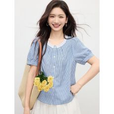 批发原版面料蓝色格子<b class='q'>衬衫</b>日系女夏季新款撞色蕾丝花边领泡泡袖上衣
