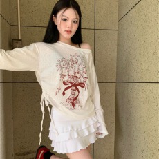 批发原版面料韩系白色印花斜肩长袖T恤女夏宽松防晒罩衫薄款百搭上衣