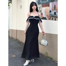 批发法式<b class='q'>露背</b>飞飞袖波点<b class='q'>连衣裙</b>女夏季收腰方口领a字裙显瘦蕾丝边长裙