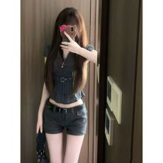 批发色织条韩系小个子穿搭条纹短袖<b class='q'>衬衫</b>灰色短裤修身<b class='q'>显瘦</b>上衣