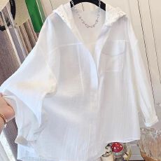 批发法式肌理感白色蕾丝连帽<b class='q'>衬衫</b>女薄款<b class='q'>长袖</b><b class='q'>衬衣</b>慵懒宽松防晒上衣