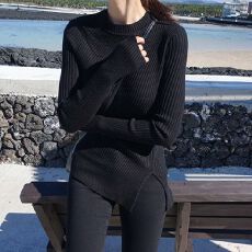批发黑色打底衫女内搭2025年秋新款圆领不规则开叉<b class='q'>修身</b>显瘦毛衣针织衫