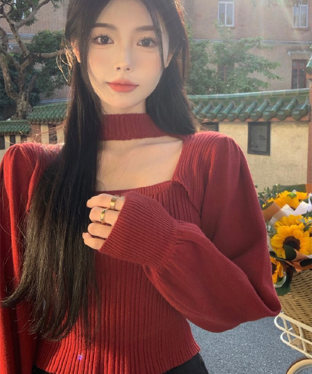 홍콩 느낌 프랑스식 광장 칼라 검정색 니트 스웨터 여성 가을 외국 가스 인사이드 가져 가라. 스웨터 기본 셔츠 고급 센스 쇼트 스타일 맨위