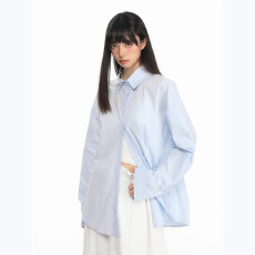 批发蓝色宽松长袖衬衫女2026春秋新款设计感百搭衬衣小众<b class='q'>韩版</b>显瘦上衣