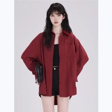 批发红色衬衫女夏季2026新款薄款宽松慵懒风休闲<b class='q'>防晒</b>衬衣外套百搭上衣