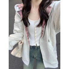 批发美式拼色格子复古拼接<b class='q'>卫衣</b>外套女春秋款气质宽松拉链连帽<b class='q'>开衫</b>外穿