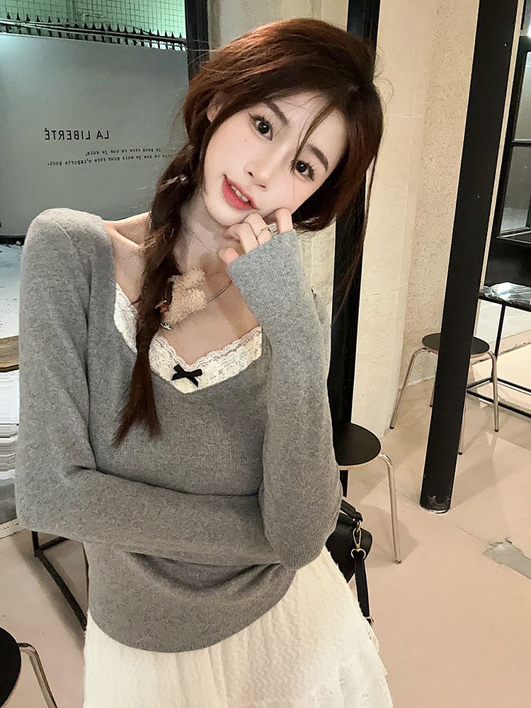 레이스 조각 연삭 털 보온 기본 셔츠 긴팔 티셔츠 여성 가을 겨울 회색 몸매 가꾸기 인사이드 가져 가라. 털이 있고 두꺼운 맨위