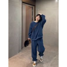 批发学院风休闲运动服套装女<b class='q'>春</b>秋港风宽松显瘦圆领卫衣束脚卫裤两件套