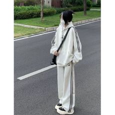 批发灰色连帽<b class='q'>卫衣</b>阔腿裤运动服套装女秋季学生美式高街<b class='q'>宽松</b>跑步两件套