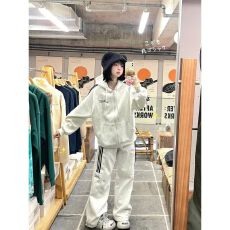 批发美式复古休闲运动服套装女<b class='q'>春</b>秋学生宽松时尚开衫卫衣长裤两件套潮