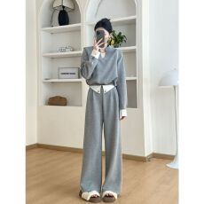 批发韩系V领拼接撞色长袖<b class='q'>上衣</b>高腰直筒休闲长<b class='q'>裤</b>女秋季时尚气质两件套