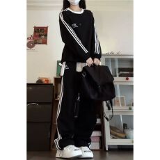 批发学院风运动服套装女<b class='q'>春</b>秋时尚韩版宽松显瘦条纹卫衣卫裤休闲两件套