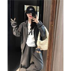 批发美式嘻哈休闲运动服套装女秋冬季宽松条纹连帽<b class='q'>开衫</b><b class='q'>卫衣</b>跑步两件套