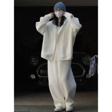 批发慵懒风简约白色连帽卫衣休闲运动服套装女<b class='q'>春</b>秋学生韩版宽松两件套