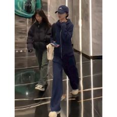 批发韩版时尚运动风套装<b class='q'>春</b>季新款连帽蓝色开衫保暖长袖卫衣女装两件套