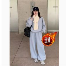 批发<b class='q'>韩版</b>新款加绒加厚慵懒风<b class='q'>运动服</b>套装女宽松圆领卫衣卫裤学生两件套