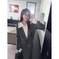 批发2025年秋冬百搭时尚韩版polo领拼接假两件撞色收腰针织衫毛衣上衣