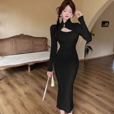 批发新中式镂空盘扣打底针织<b class='q'>改良</b><b class='q'>旗袍</b>裙秋冬设计感修身显瘦气质连衣裙