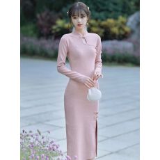 批发红色新中式国风<b class='q'>改良</b>盘扣<b class='q'>旗袍</b>2025秋冬新款少女针织打底连衣裙