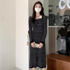 批发秋季2025年新款复古条纹长袖<b class='q'>连衣裙</b>女士韩系<b class='q'>宽松</b>撞色polo针织裙子