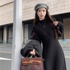 批发韩版半高领针织连衣裙女2025秋冬季mm显瘦温柔风法式气质内搭长裙