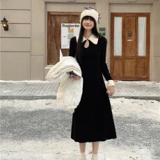 批发法式撞色翻领针织连衣裙女装2026年时尚<b class='q'>秋</b>冬可单穿内搭打底毛衣裙