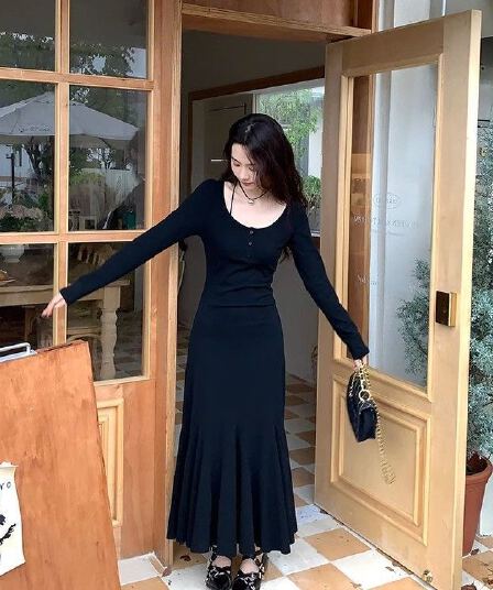 순면 미니멀리즘 만나는 인어 꼬리 긴팔 패션 품격 드레스 가을 몸매 가꾸기 새로운 허리 수축 슬림해 보이는 롱 스커트 트렌디