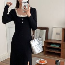 批发气质修身连衣裙女秋季长款收腰显瘦开叉<b class='q'>包臀</b>裙纯欲辣妹打底小黑裙