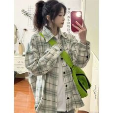 批发原版面料叠穿<b class='q'>格子</b><b class='q'>衬衫女</b>新款设计感小众长袖上衣外套