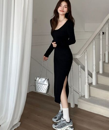 가을 품격 몸매 가꾸기 여성 드레스 롱 코트 허리 수축 슬림해 보이는 트임 타이트 스커트 순수한 욕망 핫걸 만나는 작은 검은 드레스