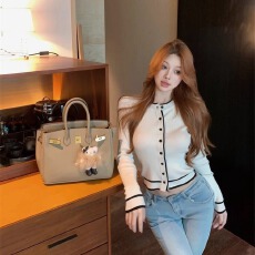 批发韩版撞色设计长袖针织开衫女秋季修身打底衫百搭圆领短款气质上衣