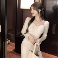 批发v领粉色长袖针织<b class='q'>连衣裙</b>女秋冬2026新款中长款内搭打底修身包臀裙