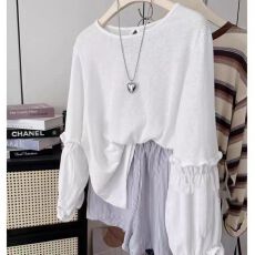 批发精致女生穿搭~花边灯笼袖纯色宽松大码上衣秋款白色长袖T恤<b class='q'>防晒衫</b>